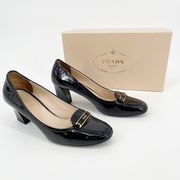 Prada Black Patent Leather Logo Plaque Square Toe Pump size IT 38.5 US 8.5