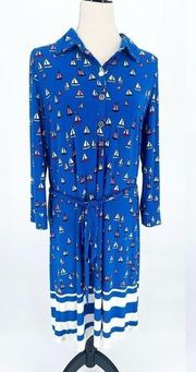 Leota Sailboat Novelty Print Long Sleeve Shirt Dress Blue XXL