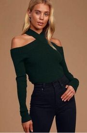 NWT- Lulus Green Ribbed Cold Shoulder Cropped Sweater Top M