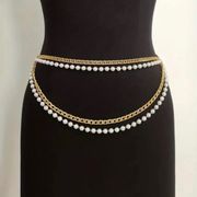 Elegant Faux‎ Imitation Pearls Gold Color Adjustable Waistband Layer Chain Belt