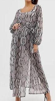 Snake Print Scoop Neck Chiffon Long Sleeve Slit Maxi Dress, Size 8
