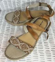 Eddie Bauer W. Kara Canvas Wedge Sandal Brown Leather Straps Size 9