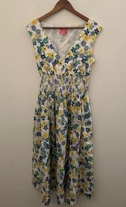 Kate Spade Floral Medley Smocked Waist Fresh White Sleeveless Midi Dress Large