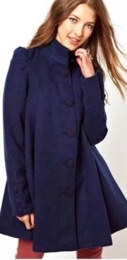 FREE PEOPLE | Navy Blue Pleated Swing Coat Jacket Retro Puff Shoulder | Size 4