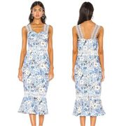 Bronx and Banco Yana Blue Floral Print Lace Trimmed Bustier Fitted Midi Dress