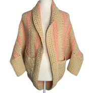 Handmade Crochet Knit Cardigan Sweater M L Beige Pink Cocoon Pockets Open Front