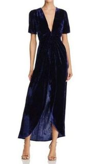 J.O.A. Sz XS Women's Blue Deep Vneck Velvet Front Slit Hi Low Maxi Dress