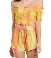 Rococo Sand Patchwork Cropped Off Shoulder Short Sleeve Smocked Handmade Top