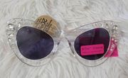 NWT Betsey Johnson Clear Cat Eyed Sunglasses With Crystals Pearls and Shell Arms