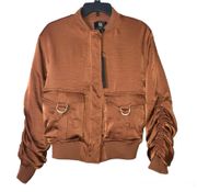 Satin Ruched Buckle Bomber Jacket Warm Copper Brown Small