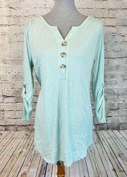 Como Vintage Womens Blouse Top Roll Tab Sleeve Button Stretch Mint Green Size XL