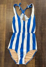 Kortni Jeane Blue/White Striped Tie Shoulder One Piece Swimsuit Size XS