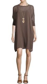 Eileen Fisher Size L Silk Georgette Round Neck Shift Dress Sheer with Silk Slip