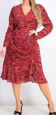 Rachel Roy Anja Red Tiger Print Ruched Midi Dress