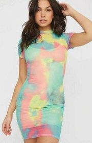 NEW Revamped Rainbow Mesh Tie Dye Mini Dress, Women M