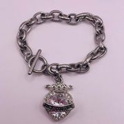 Juicy Couture Silver Tone Chain Heart Rhinestone Charm Bracelet