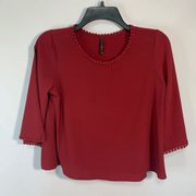 Bjewel Women's Crew Neck 3/4 Sleeve Lace Trim Cropped Top Burgundy Red Size XS