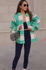 Bandier x Sincerely Jules Aspen Sherpa Jacket in Camp Green Plaid