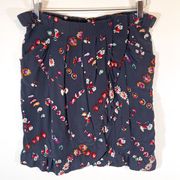 Rebecca Taylor 100% Silk Navy Floral Ruffle Slit mini skirt pockets size M