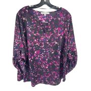 Larry Levine Womens Blouse Top Roll Tab Sleeve Lightweight Floral Pink 1X