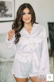 These Three Boutique Feather Trim Button Up Pajamas- White