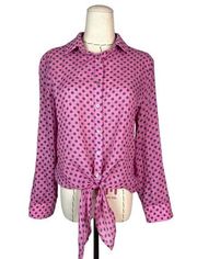 Kut From The Kloth Pink Black Polka Dot Front Tie Button Down Shirt Size L