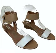 Halogen Women's Tan & Ivory Leather Wedged High Ankle Strap Wedge Sandals Size 7