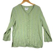 FLAX Green Linen Oversized Button Front V-Neck Long Sleeve Blouse Size Medium