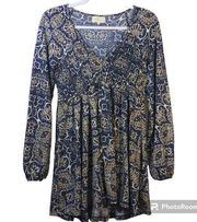 Melloday Boho Mini Dress Long Sleeve Blue Print V-Neck Size Small