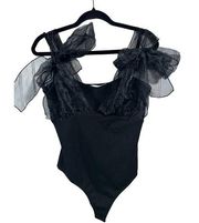 American Threads NWT Black Bodysuit with Tulle Tie Sleeves Size Large