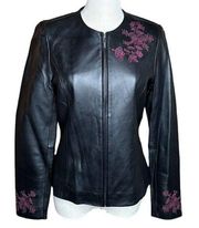 Vintage Leather Jacket Jaclyn Smith Zip Front Floral Embroidered Black Size S