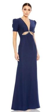 NWT Mac Duggal 2630 Plunge Neck Puff Sleeve Cut Out Gown Navy 4