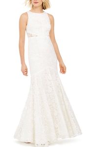 White Sleeveless Full-Length Fit + Flare Formal Wedding Dress