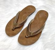 women’s tan brown leather flip flop sandals metallic copper gold size 9