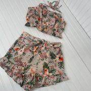 NWT Paper Crane Tropical Floral Ruffled Halter Crop Top & Skort SET Size M