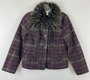 CHICOS sz 0 (S) Reversible Solid Gray Burgundy Plaid Faux Fur Collar Jacket