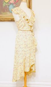 NEW Max Studio Yellow Floral Boho Midi Wrap Dress Summer Spring L Large NWT