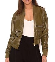 House of CB London Olive Green Faux Leather Bomber Jacket Size Small