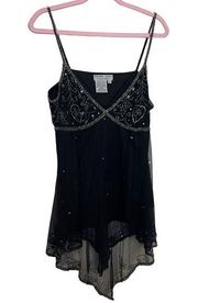 Adrianna Papell Asymmetrical Black Silver Beaded VNeck Tank Top Vintage Y2K