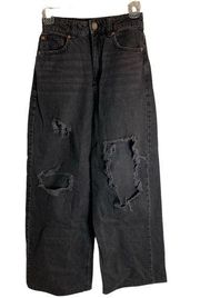 Garage  retro distressed black denim, wide leg, size 00, ripped at knees