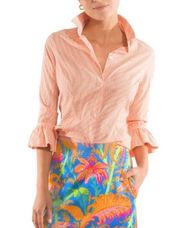 Gretchen Scott Priss Blouse Orange Button Down Shirt Size XS 3/4 Sleeve Striped