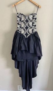 GUNNE SAX vintage black sequin taffeta pencil dress with bow & train formal