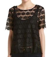 Ella Moss Mesh Lace Overlay Blouse Black Top Size Medium