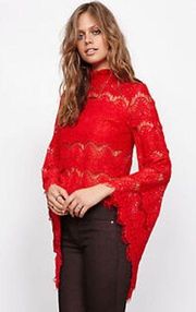 MinkPink Drama Queen Lace Top Red Flare Bell Sleeves Size Large