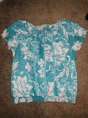 Medium Cyan Shirred Tropical Floral Short Sleeve Tie Blouse