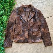 Multiples Faux Suede Fur Animal Print Buttoned Blazer Jacket Brown Tan Small