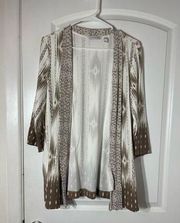 Isaac Mizrahi Cream Tan Ikat Southwestern 3/4 Sleeve Open Front Cardigan, Medium