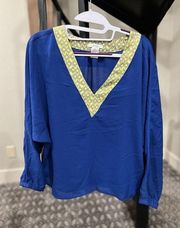 Esley Top Womens Small Royal Blue Blouse with Yellow Detail Sheer Long Sleeve