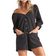 Billabong NWT Work Play Black 3/4 Sleeve Button Up Shorts Jumpsuit Romper Small