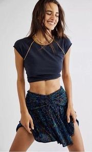 Free People Saturday Sun Mini Skirt in Blue Snake Skin Pattern Ruched Side